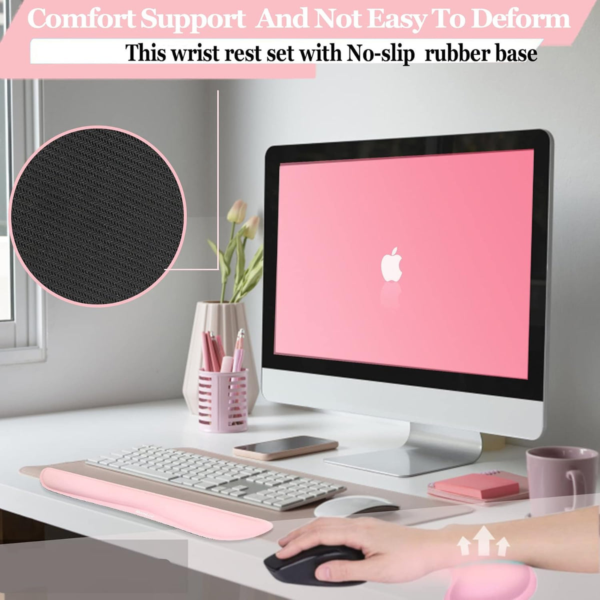 Upgrade Silky and Superfine Fabric Keyboard Wrist Rest, Gel Mouse Wrist Pillow Pad Set for Easy Typing & Pain Relief for Laptop, Office & Home, Ergonomic Sets for Keyboard-Pink