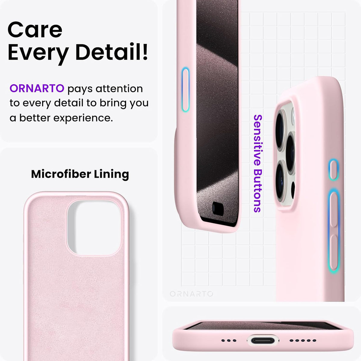 Compatible with iPhone 15 Pro Case 6.1", Liquid Silicone 3 Layers Full Covered Soft Gel Rubber Cover, Shockproof Protective Slim Phone Case with Anti-Scratch Microfiber Lining-Chalk Pink
