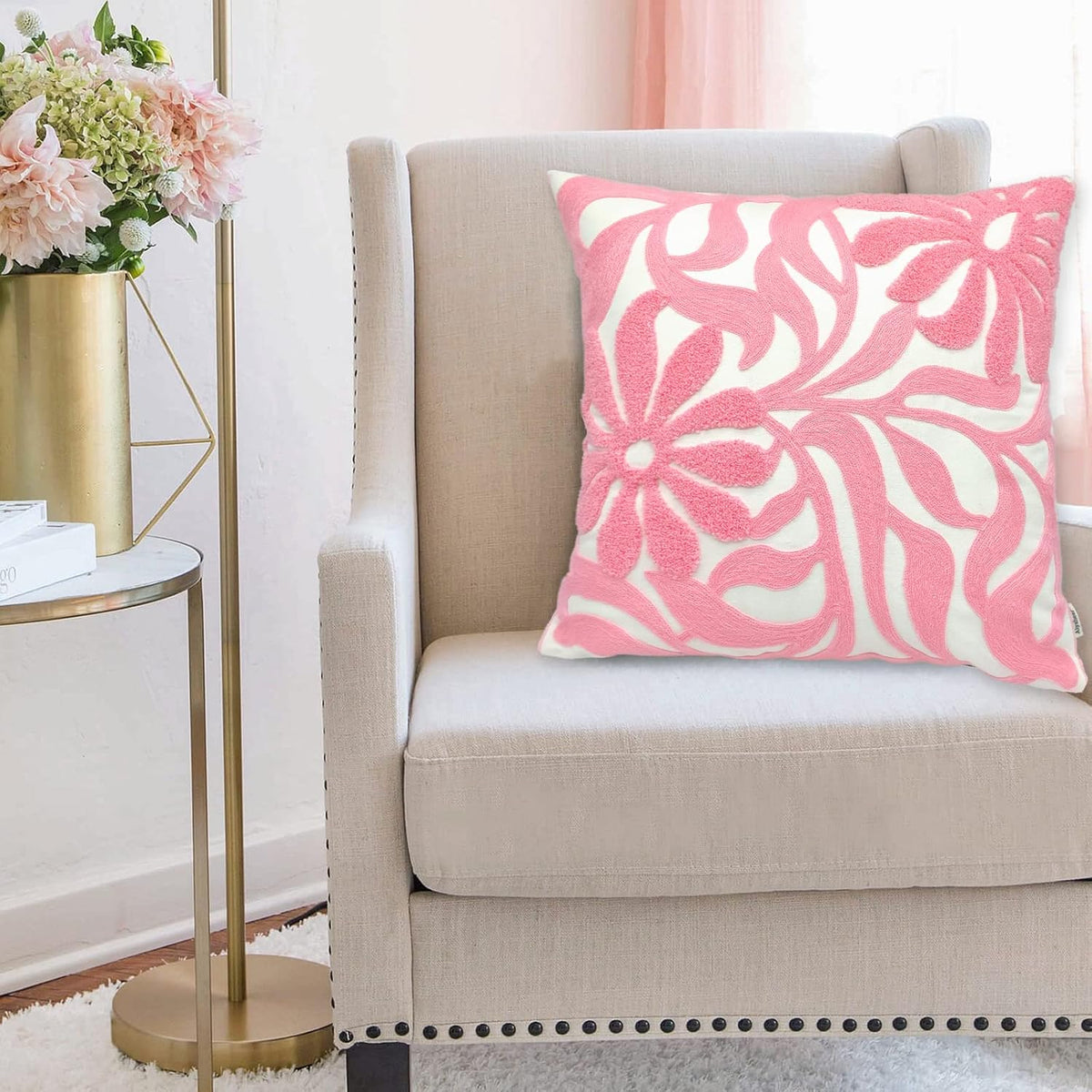 Floral Embroidered Throw Pillow Cover 18"x18" 1pc, Light Pink