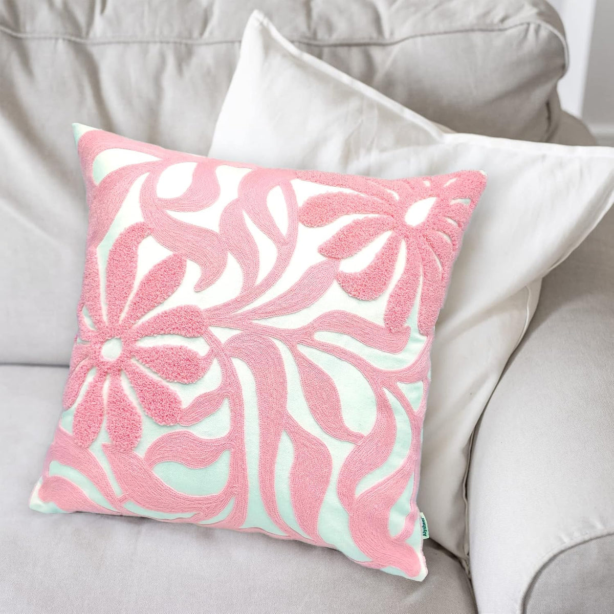 Floral Embroidered Throw Pillow Cover 18"x18" 1pc, Light Pink