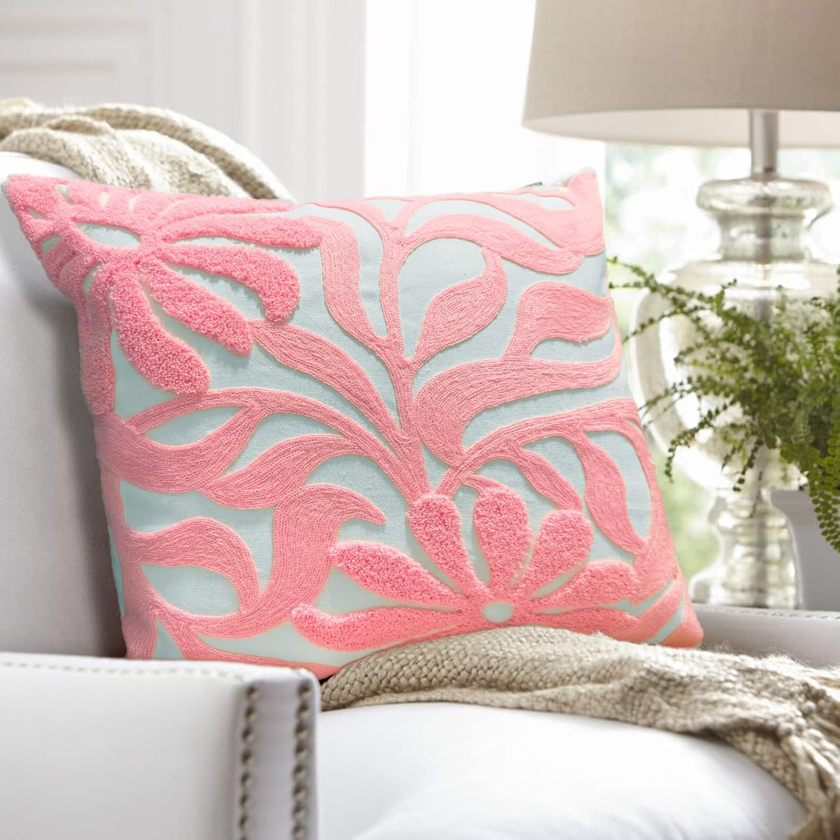 Floral Embroidered Throw Pillow Cover 18"x18" 1pc, Light Pink
