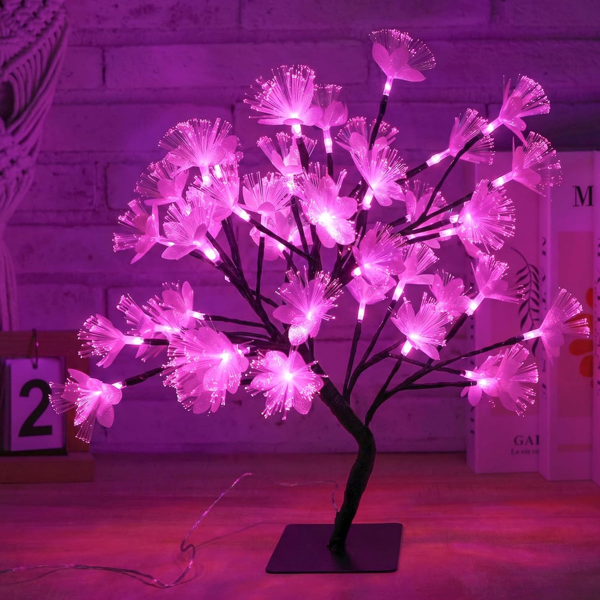 Fiber Optic Flower Tree Lamp - 48 LED Table Night Light USB Powered Artificial Flower Bonsai Tree Lamp Bedroom Living Room Decor Valentine's Day Birthday Gift for Women Girls Mother (Pink)