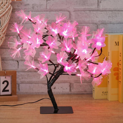 Fiber Optic Flower Tree Lamp - 48 LED Table Night Light USB Powered Artificial Flower Bonsai Tree Lamp Bedroom Living Room Decor Valentine's Day Birthday Gift for Women Girls Mother (Pink)