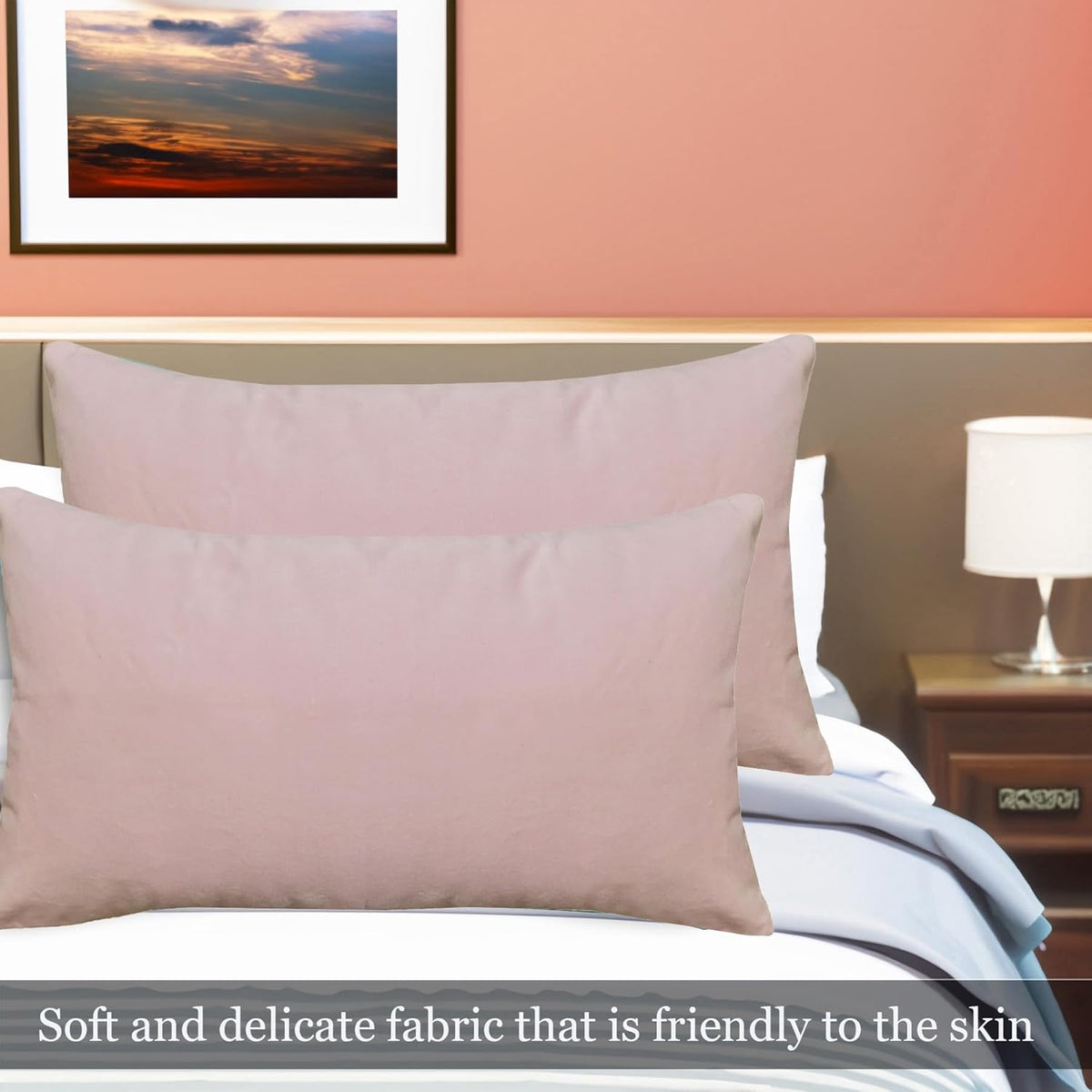 Cotton Velvet Pack of 2 Decorative Velvet Accent Lumbar Throw Pillow Covers, Light Pink 12x20 Rose Shadow Soft Classic Both Sides Rectangle Bolster Cushion Toss Pillow Case for Couch Bedroom Sofa Car