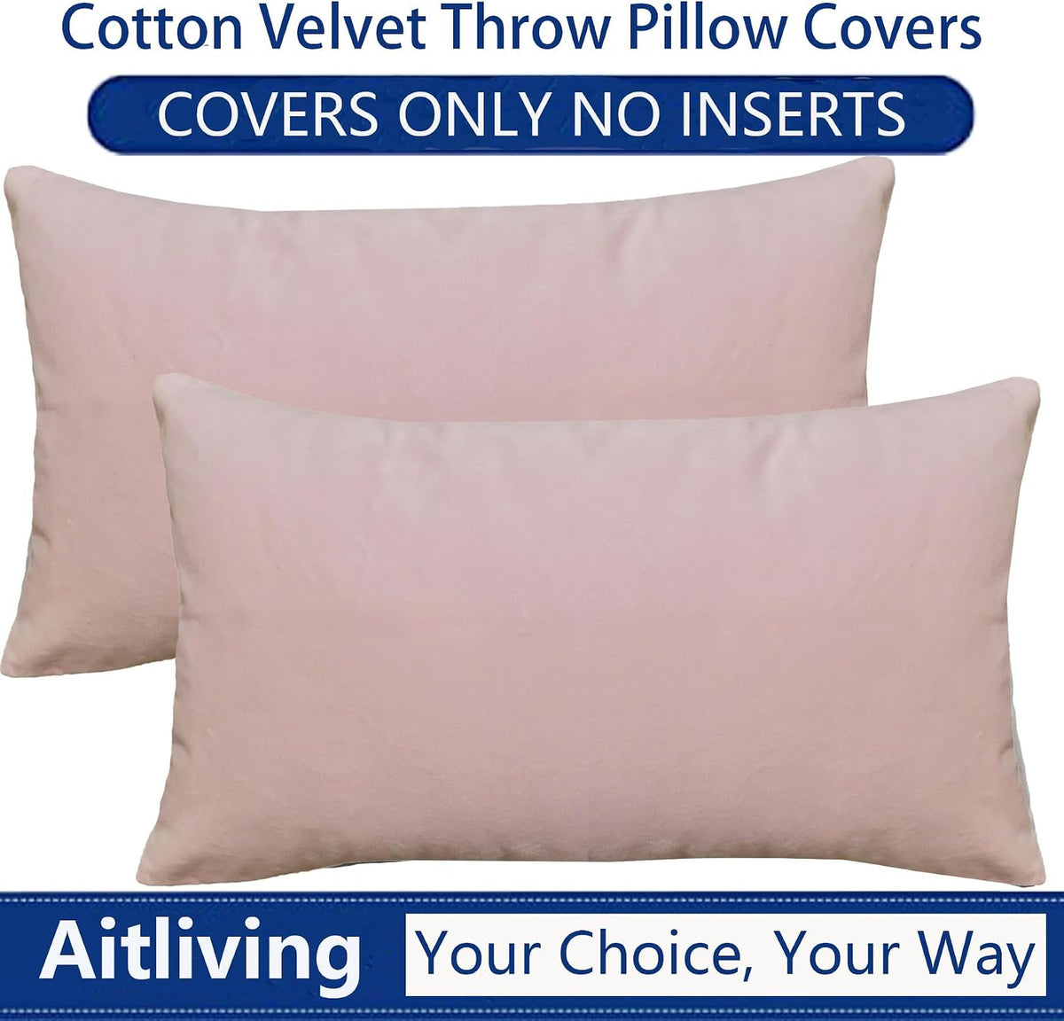 Cotton Velvet Pack of 2 Decorative Velvet Accent Lumbar Throw Pillow Covers, Light Pink 12x20 Rose Shadow Soft Classic Both Sides Rectangle Bolster Cushion Toss Pillow Case for Couch Bedroom Sofa Car