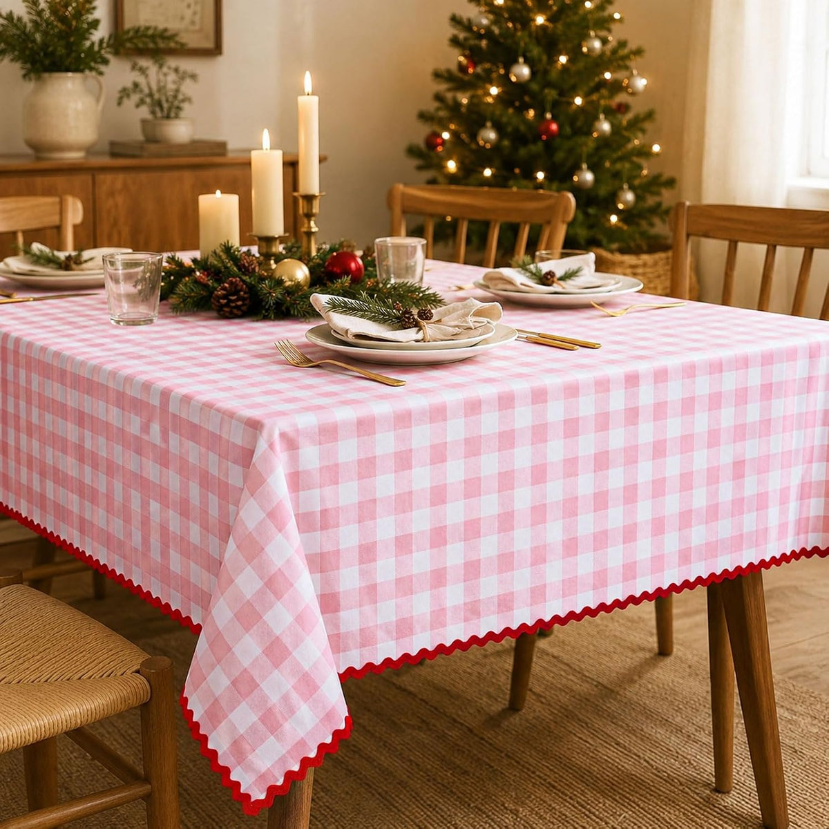 Gingham Tablecloth Pink Plaid Scalloped Table Cloth