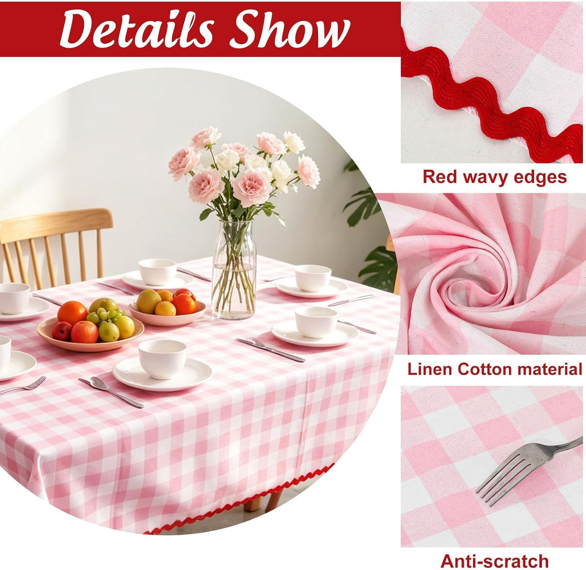 Gingham Tablecloth Pink Plaid Scalloped Table Cloth