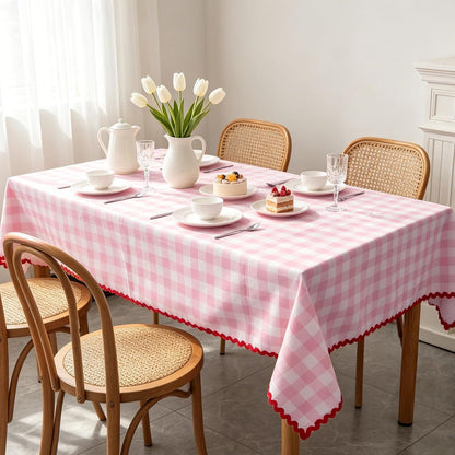 Gingham Tablecloth Pink Plaid Scalloped Table Cloth