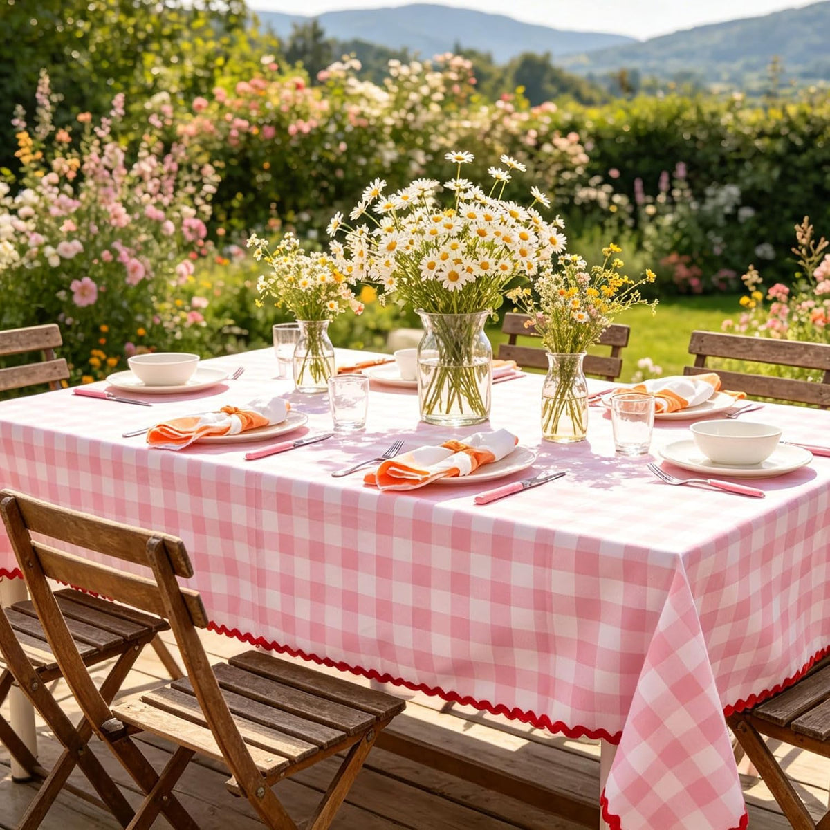 Gingham Tablecloth Pink Plaid Scalloped Table Cloth
