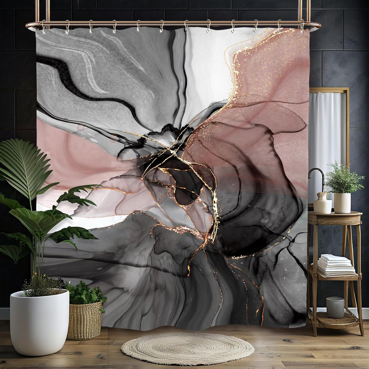 Marble Shower Curtain Set 60Wx71H Inches Black Pink Blush Modern Abstract Ombre Art Contemporary Women Watercolor Polyester Waterproof Bathroom Curtain with 12 Hooks