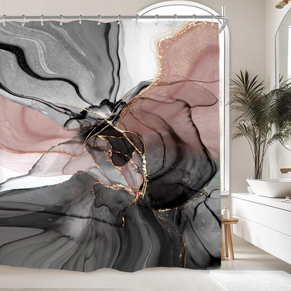 Marble Shower Curtain Set 60Wx71H Inches Black Pink Blush Modern Abstract Ombre Art Contemporary Women Watercolor Polyester Waterproof Bathroom Curtain with 12 Hooks