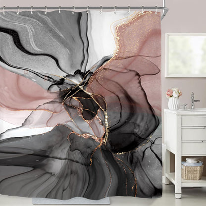 Marble Shower Curtain Set 60Wx71H Inches Black Pink Blush Modern Abstract Ombre Art Contemporary Women Watercolor Polyester Waterproof Bathroom Curtain with 12 Hooks
