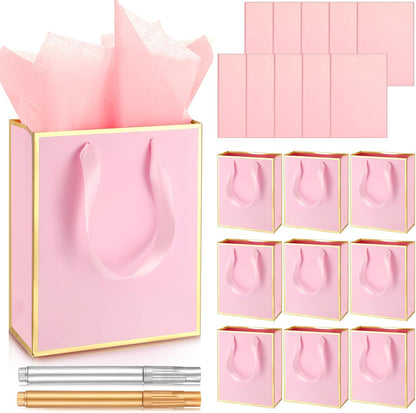 10 Pack Paper Gift Bags with Handle Tissue Paper, Pink, Gold
