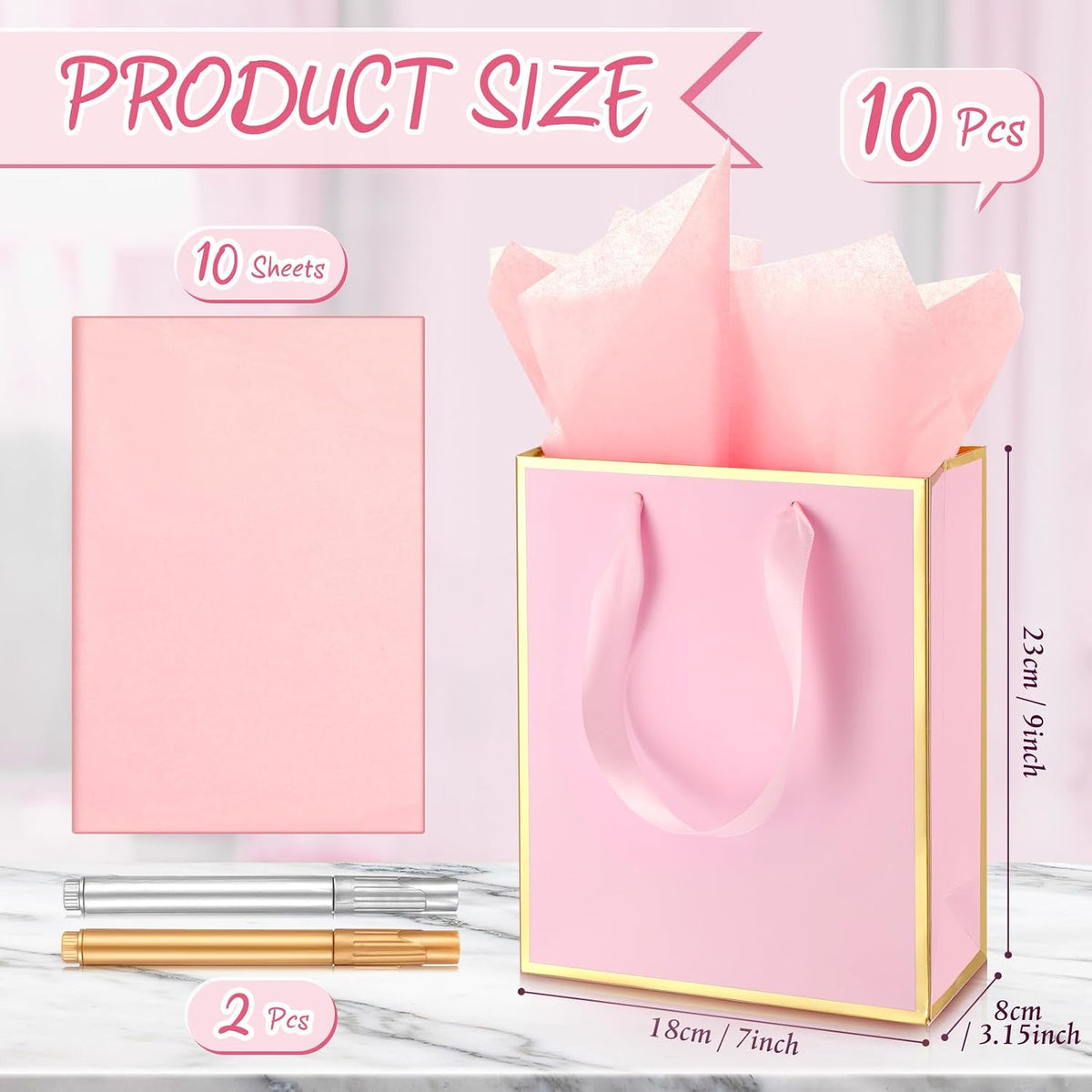 10 Pack Paper Gift Bags with Handle Tissue Paper, Pink, Gold