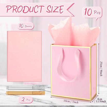 10 Pack Paper Gift Bags with Handle Tissue Paper, Pink, Gold