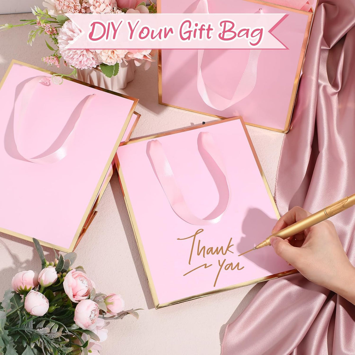 10 Pack Paper Gift Bags with Handle Tissue Paper, Pink, Gold