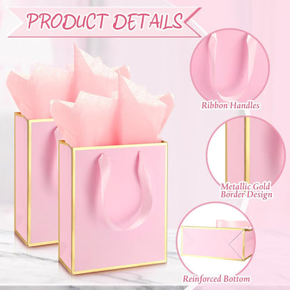 10 Pack Paper Gift Bags with Handle Tissue Paper, Pink, Gold