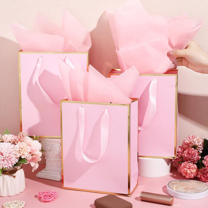 10 Pack Paper Gift Bags with Handle Tissue Paper, Pink, Gold