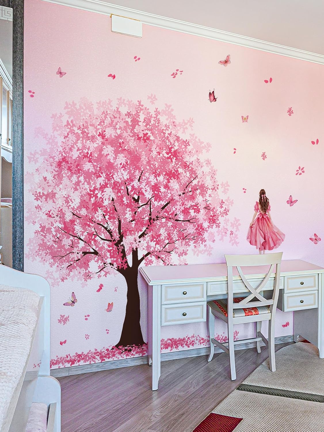 Wall Stickers Large Pink Cherry Blossom Tree Peel and Stick Removable Art Decals Decorative Ballgown Girl Butterflies Floral Wall Decor for Girls Kid Bedroom/Living Room Nursery,115cmX156cm