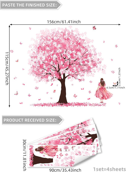 Wall Stickers Large Pink Cherry Blossom Tree Peel and Stick Removable Art Decals Decorative Ballgown Girl Butterflies Floral Wall Decor for Girls Kid Bedroom/Living Room Nursery,115cmX156cm