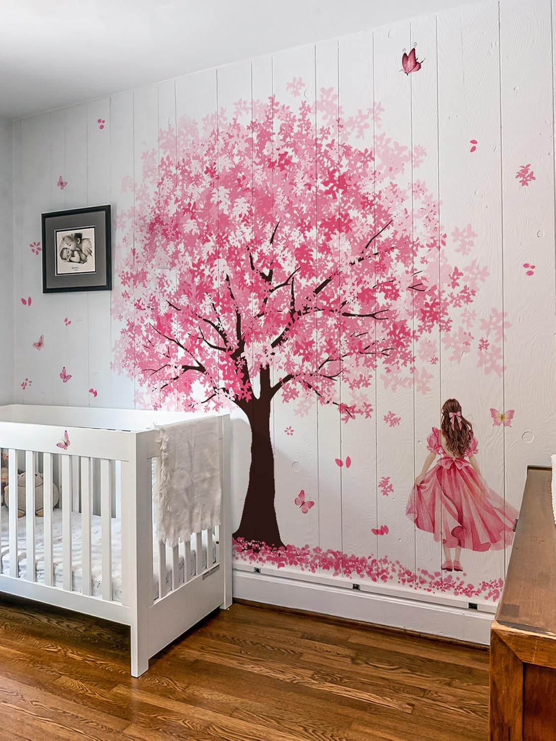 Wall Stickers Large Pink Cherry Blossom Tree Peel and Stick Removable Art Decals Decorative Ballgown Girl Butterflies Floral Wall Decor for Girls Kid Bedroom/Living Room Nursery,115cmX156cm