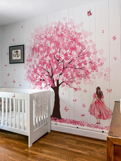 Wall Stickers Large Pink Cherry Blossom Tree Peel and Stick Removable Art Decals Decorative Ballgown Girl Butterflies Floral Wall Decor for Girls Kid Bedroom/Living Room Nursery,115cmX156cm
