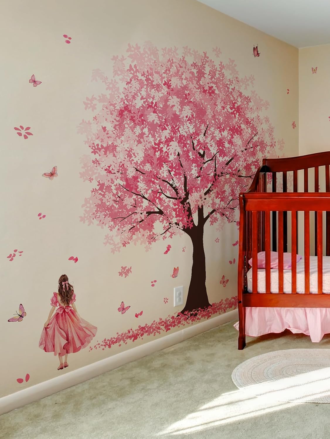 Wall Stickers Large Pink Cherry Blossom Tree Peel and Stick Removable Art Decals Decorative Ballgown Girl Butterflies Floral Wall Decor for Girls Kid Bedroom/Living Room Nursery,115cmX156cm