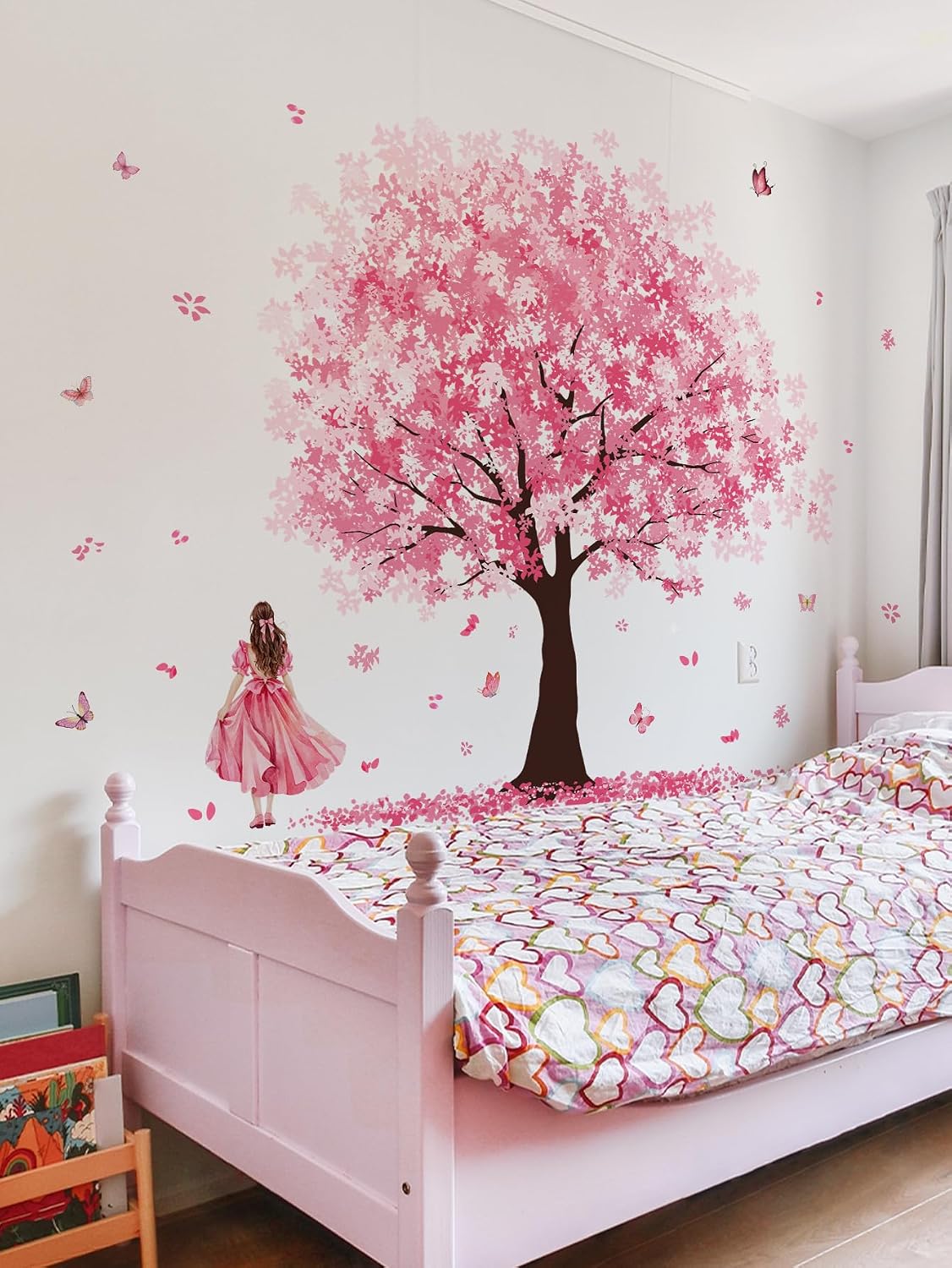 Wall Stickers Large Pink Cherry Blossom Tree Peel and Stick Removable Art Decals Decorative Ballgown Girl Butterflies Floral Wall Decor for Girls Kid Bedroom/Living Room Nursery,115cmX156cm