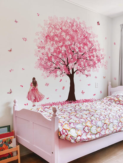 Wall Stickers Large Pink Cherry Blossom Tree Peel and Stick Removable Art Decals Decorative Ballgown Girl Butterflies Floral Wall Decor for Girls Kid Bedroom/Living Room Nursery,115cmX156cm