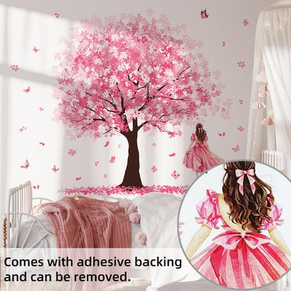 Wall Stickers Large Pink Cherry Blossom Tree Peel and Stick Removable Art Decals Decorative Ballgown Girl Butterflies Floral Wall Decor for Girls Kid Bedroom/Living Room Nursery,115cmX156cm