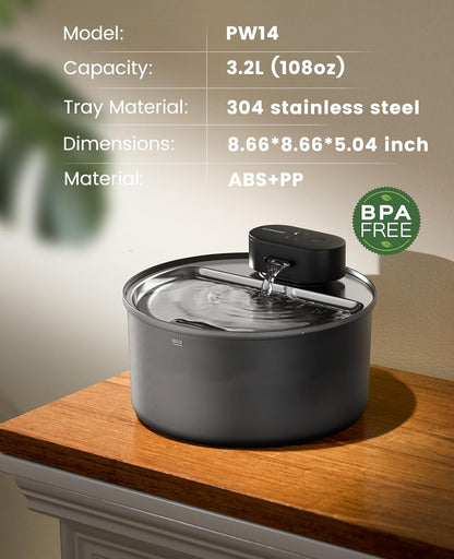 oneisall Cordless Cat Water Fountain: 108oz/3.2L Stainless Steel Cat Water Fountain with Quiet Wireless SilentFlow™ Pump for Cat Small Dog,Rechargeable BPA-Free Water Dispenser for Living Room Kitchen