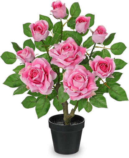 Artificial Rose Flowers Potted Plant - 17.7" Small Fake Pink Roses Tree with Black Pot Indoor Outdoor Faux Plants & Flowers Silk Rose Flower Floral Arrangement for Home Table Kitchen Office Decor