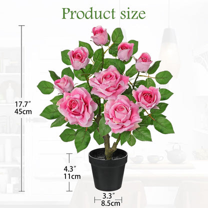 Artificial Rose Flowers Potted Plant - 17.7" Small Fake Pink Roses Tree with Black Pot Indoor Outdoor Faux Plants & Flowers Silk Rose Flower Floral Arrangement for Home Table Kitchen Office Decor