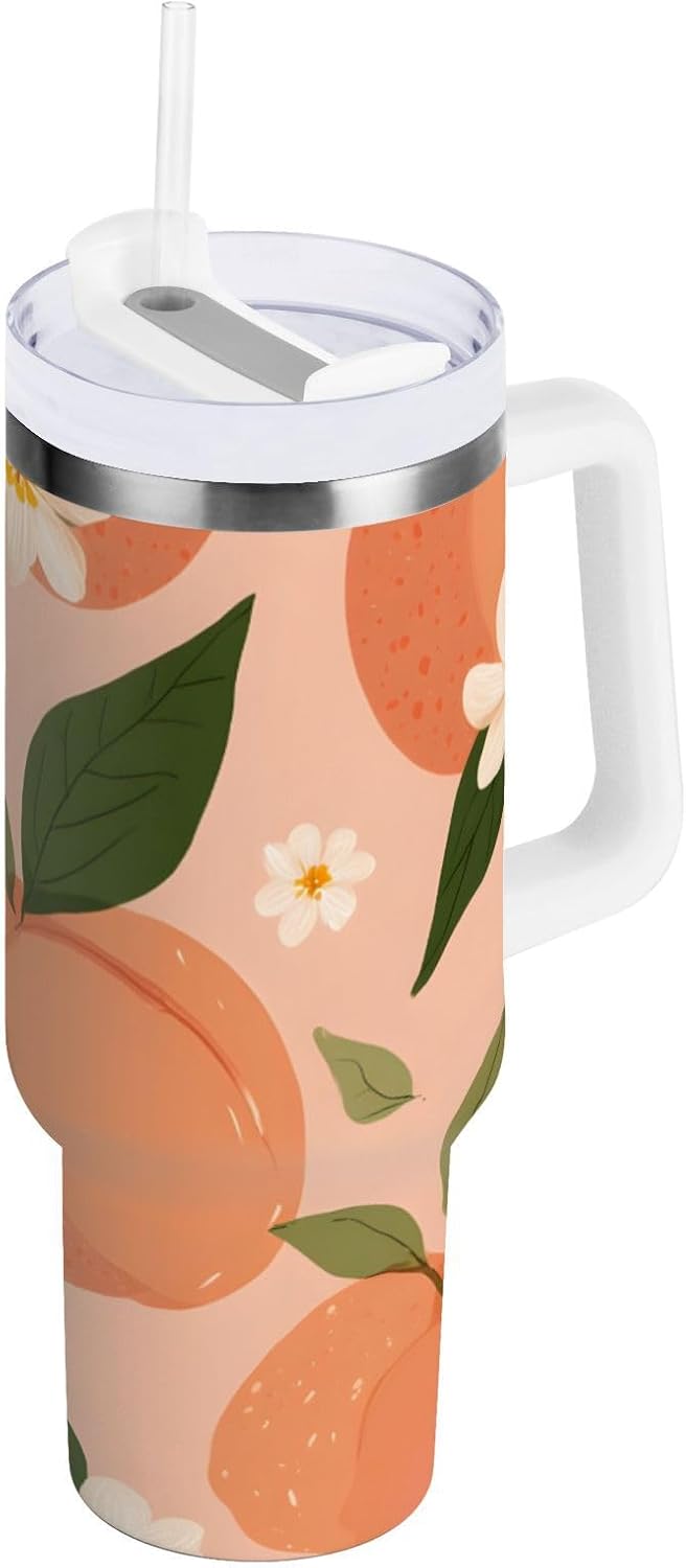 30 oz Peach and Floral Pattern Tumbler with Handle and Straw, Insulated Travel Mug, Reusable Stainless Steel Insulated Water Bottle for Women Men