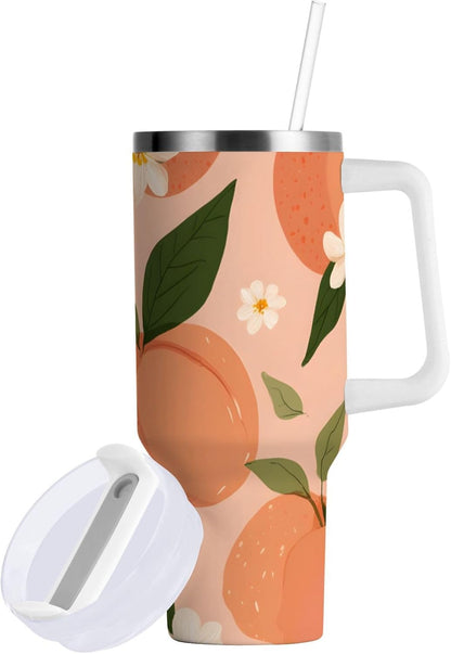 30 oz Peach and Floral Pattern Tumbler with Handle and Straw, Insulated Travel Mug, Reusable Stainless Steel Insulated Water Bottle for Women Men