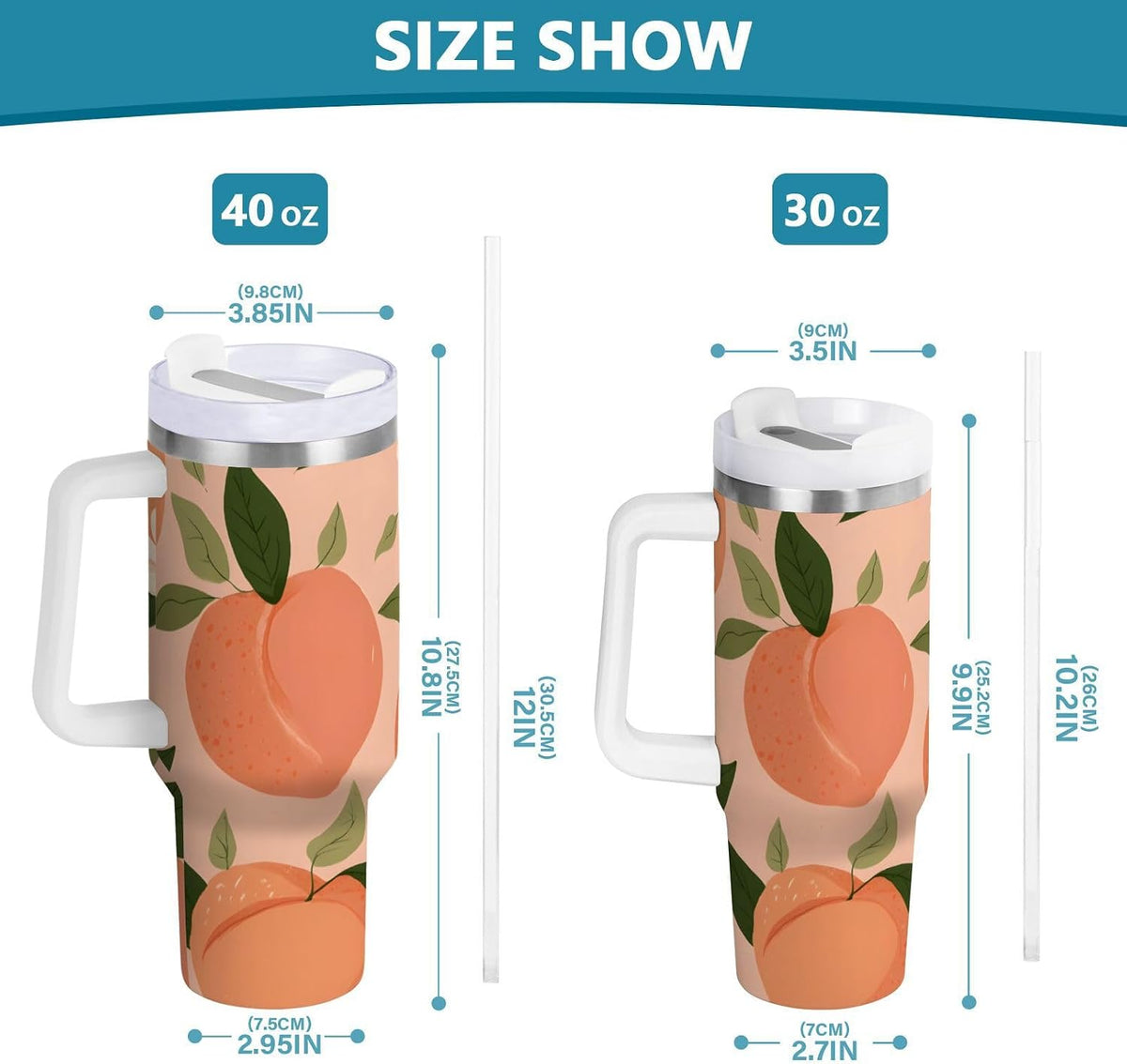30 oz Peach and Floral Pattern Tumbler with Handle and Straw, Insulated Travel Mug, Reusable Stainless Steel Insulated Water Bottle for Women Men