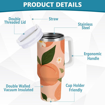 30 oz Peach and Floral Pattern Tumbler with Handle and Straw, Insulated Travel Mug, Reusable Stainless Steel Insulated Water Bottle for Women Men