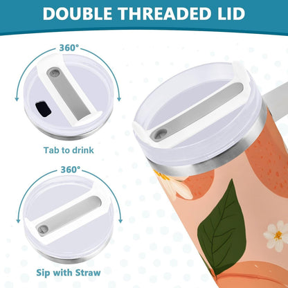 30 oz Peach and Floral Pattern Tumbler with Handle and Straw, Insulated Travel Mug, Reusable Stainless Steel Insulated Water Bottle for Women Men