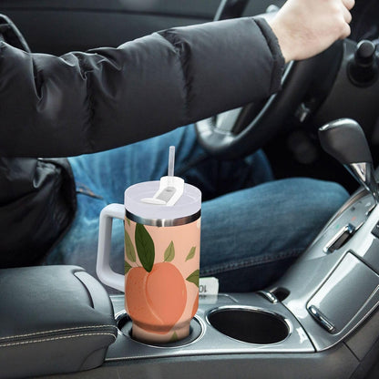 30 oz Peach and Floral Pattern Tumbler with Handle and Straw, Insulated Travel Mug, Reusable Stainless Steel Insulated Water Bottle for Women Men