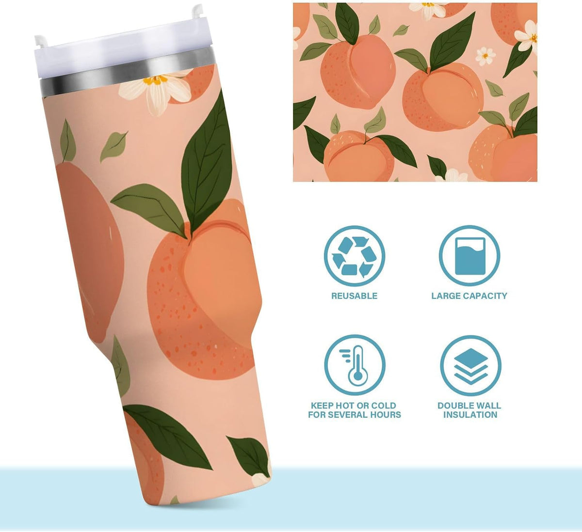 30 oz Peach and Floral Pattern Tumbler with Handle and Straw, Insulated Travel Mug, Reusable Stainless Steel Insulated Water Bottle for Women Men