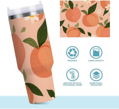 30 oz Peach and Floral Pattern Tumbler with Handle and Straw, Insulated Travel Mug, Reusable Stainless Steel Insulated Water Bottle for Women Men