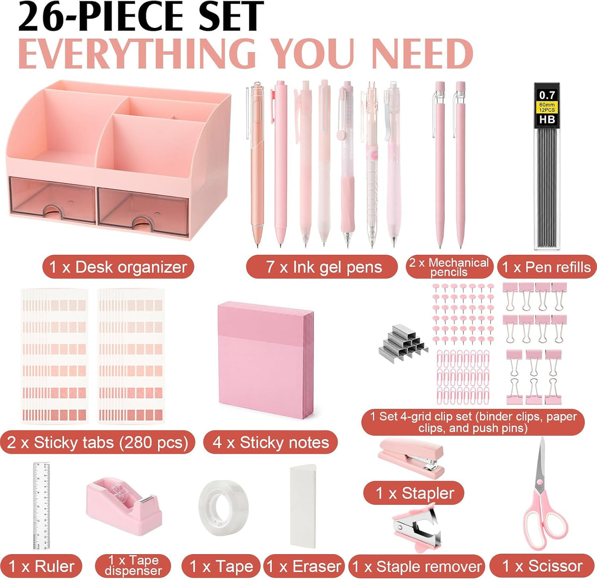 26 in 1 Pink Desk Organizer and Accessories for Office Dorm School
