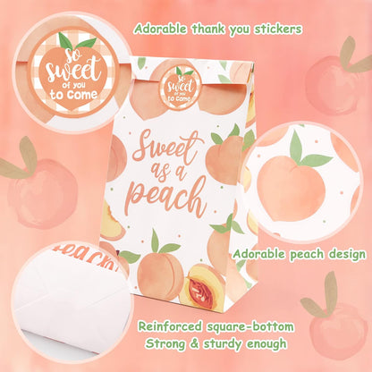 Peach Gift Bags Party Favors 24 Pack Sweet as Peaches Party Decorations Just Be Peachy for Summer Fruit Treat Goodie Bags with Thank You Stickers for Kids Birthday Baby Shower Wedding Supplies