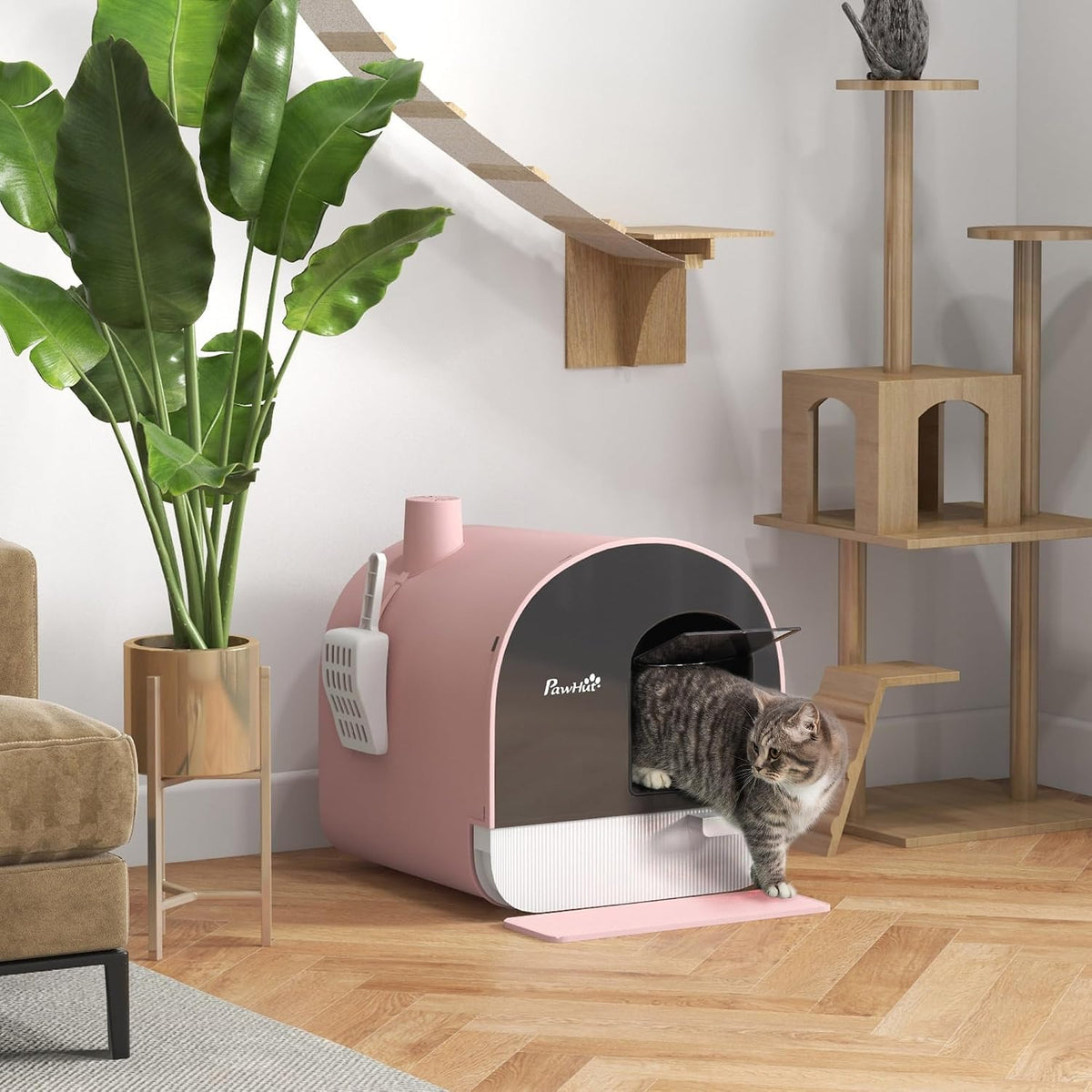 Cat Litter Box with Lid, Covered Litter Box for Indoor Cats with Tray, Scoop, Mat, Filter, 17" x 17" x 18.5", Pink