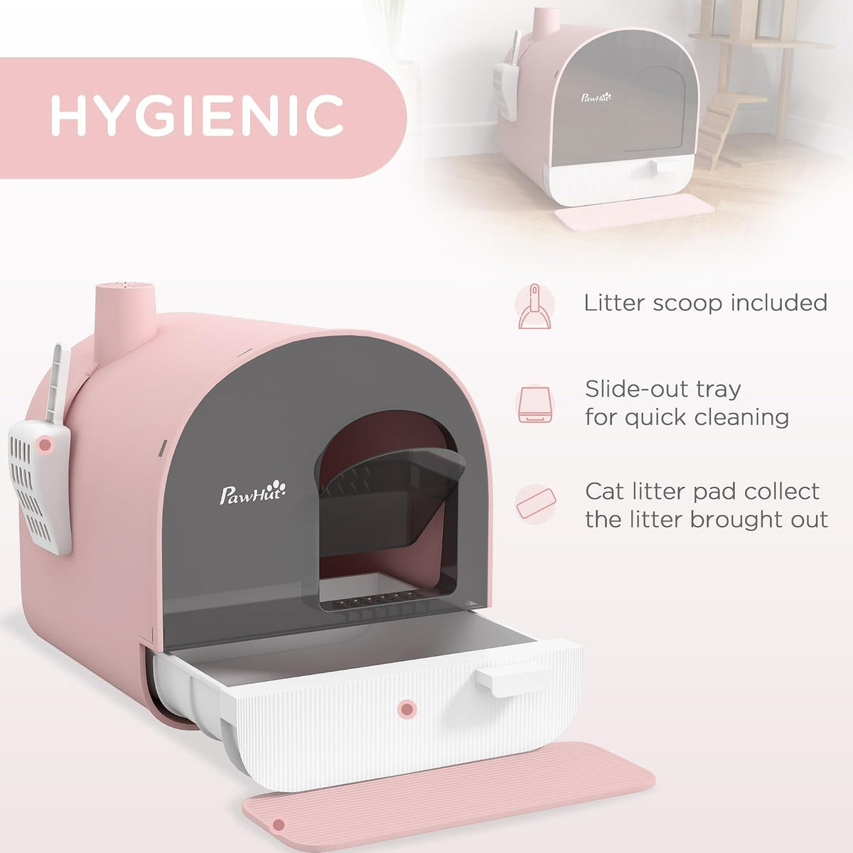 Cat Litter Box with Lid, Covered Litter Box for Indoor Cats with Tray, Scoop, Mat, Filter, 17" x 17" x 18.5", Pink