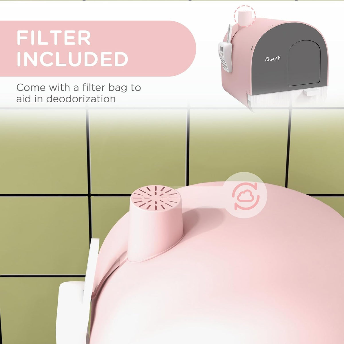 Cat Litter Box with Lid, Covered Litter Box for Indoor Cats with Tray, Scoop, Mat, Filter, 17" x 17" x 18.5", Pink