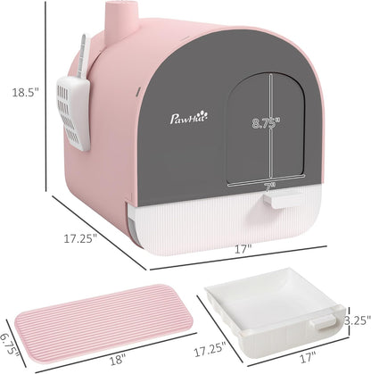 Cat Litter Box with Lid, Covered Litter Box for Indoor Cats with Tray, Scoop, Mat, Filter, 17" x 17" x 18.5", Pink