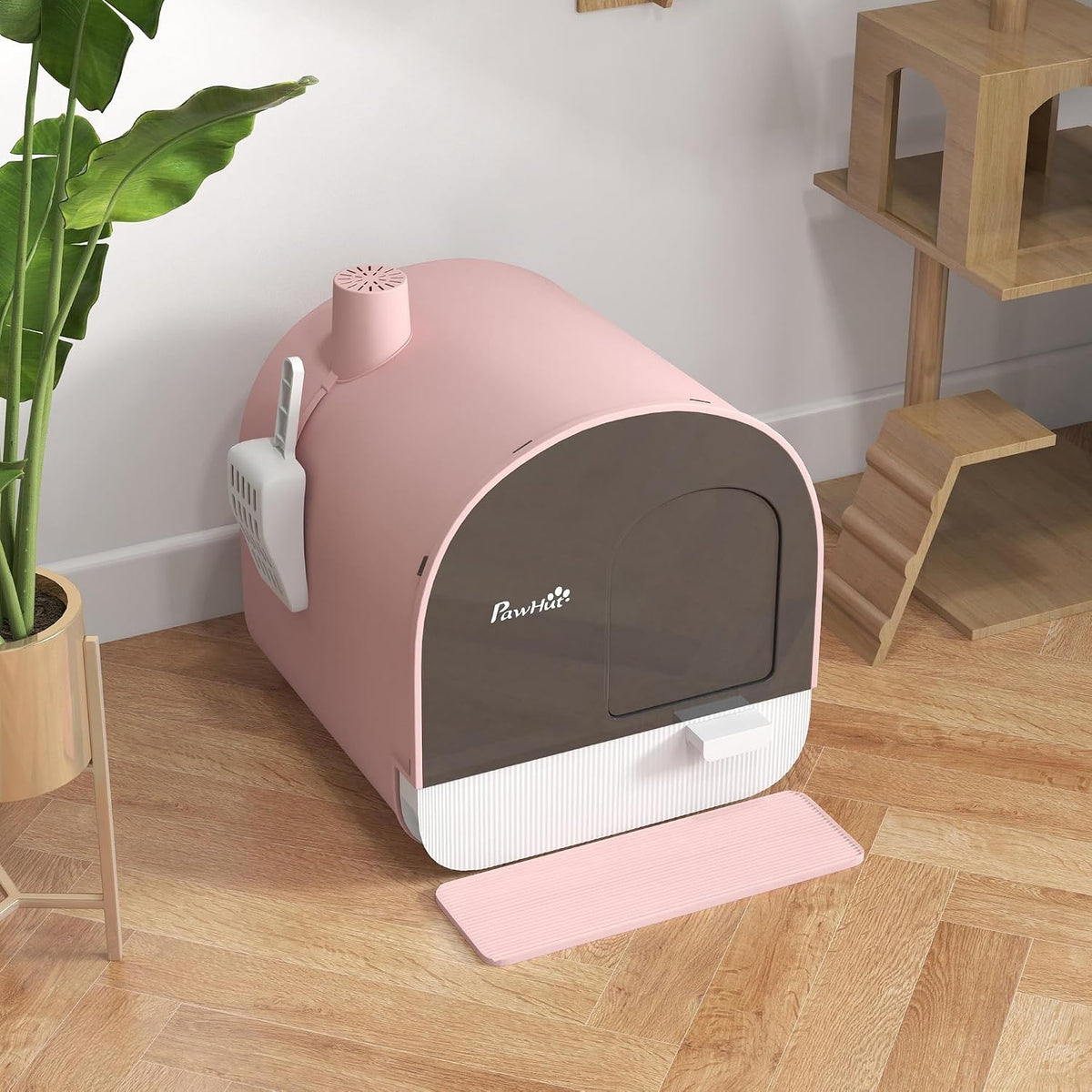 Cat Litter Box with Lid, Covered Litter Box for Indoor Cats with Tray, Scoop, Mat, Filter, 17" x 17" x 18.5", Pink