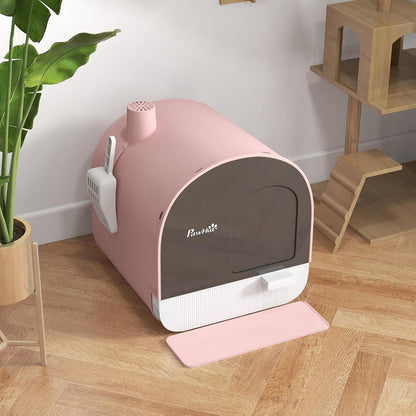Cat Litter Box with Lid, Covered Litter Box for Indoor Cats with Tray, Scoop, Mat, Filter, 17" x 17" x 18.5", Pink