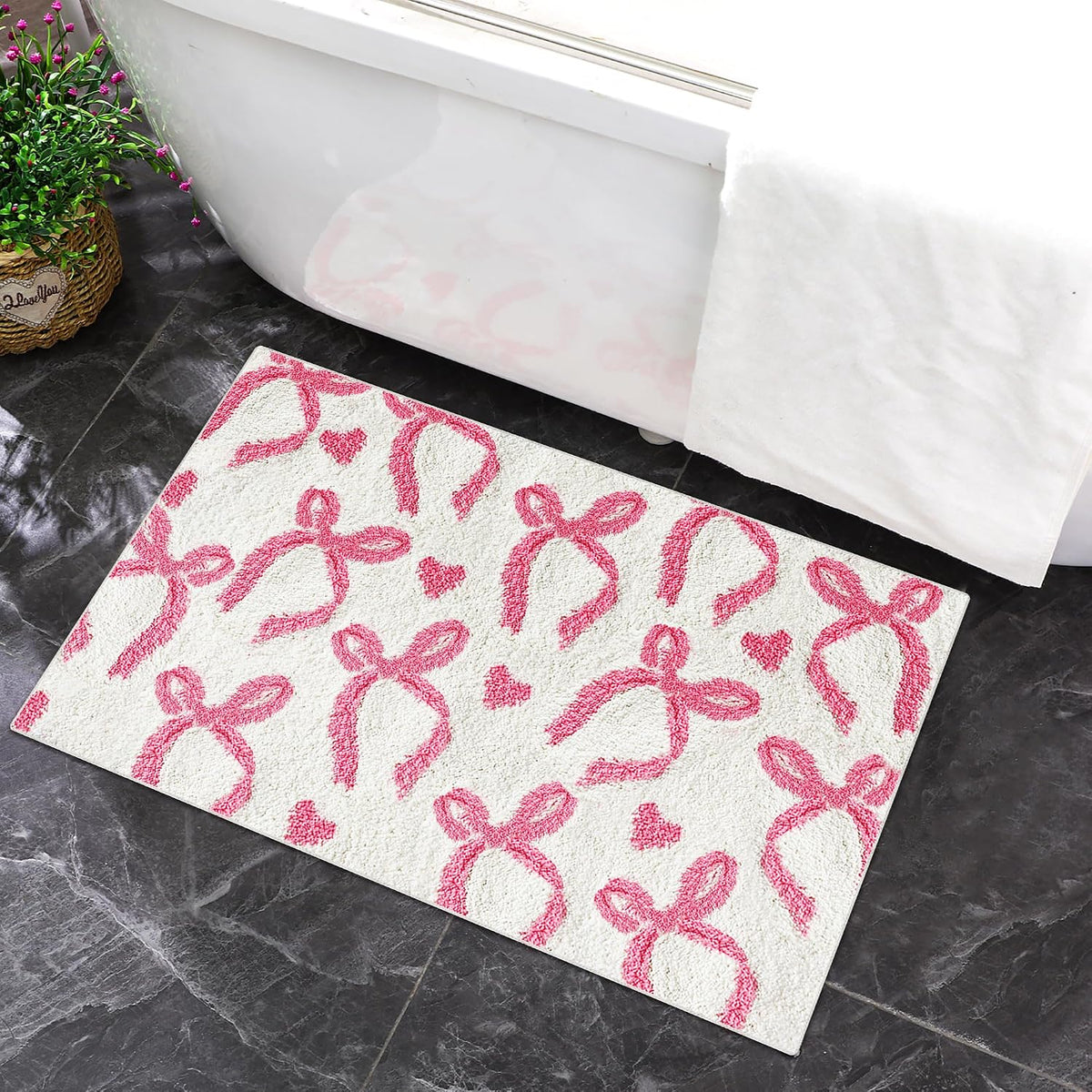 Pink Bow Bathroom Rug 20 x 32 Inch Non Slip Washable Bath Mat Coquette Aesthetic Cute Carpet for Vanity Sink Shower Bedroom Preppy Room Decor